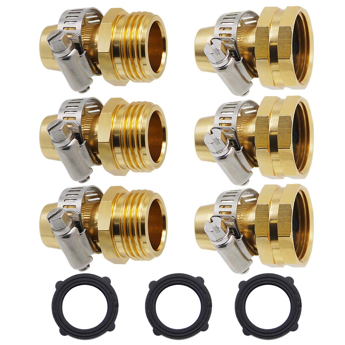 Lifynste Garden Hose Repair Connector with Clamps, Male and Female Garden Hose Fitting, 3 Set