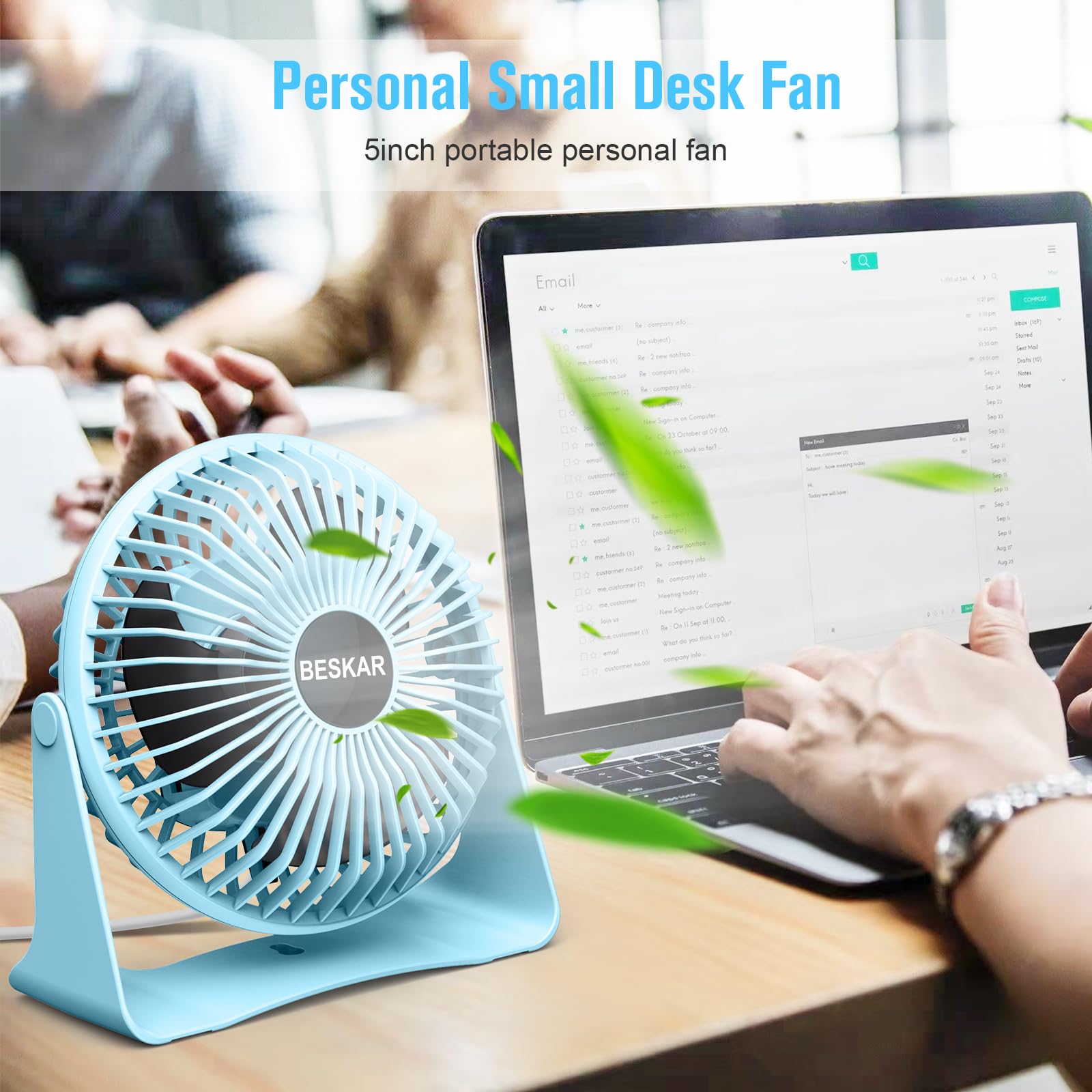 BESKAR USB Small Desk Fan, Portable Fans with 3 Speeds Strong Airflow, Quiet Operation and 360°Rotate, Personal Table Fan for Home,Office, Bedroom- 3.9 ft Cord/Blue