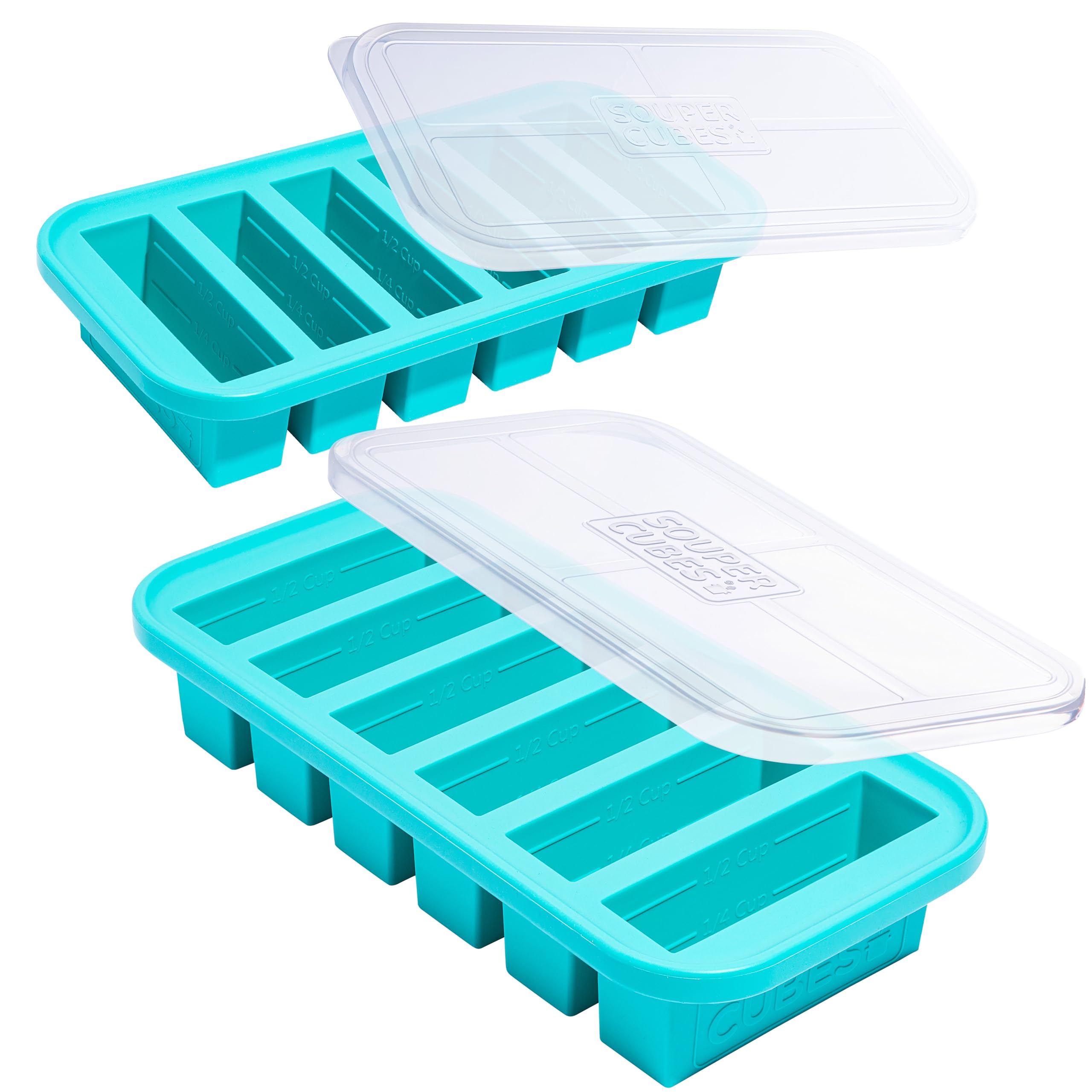 Souper Cubes 1/2 Cup Silicone Freezer Molds - Silicone Soup Freezer Trays with Lids for Freezing Food, Salsa, Broth, Baby Food and More - Silicone Freezer Tray with Lid - Aqua – 2-Pack