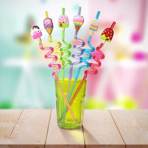 24 Reusable Ice Cream Straws for Birthday Party Supplies | Party Favors with 2 Cleaning Brush