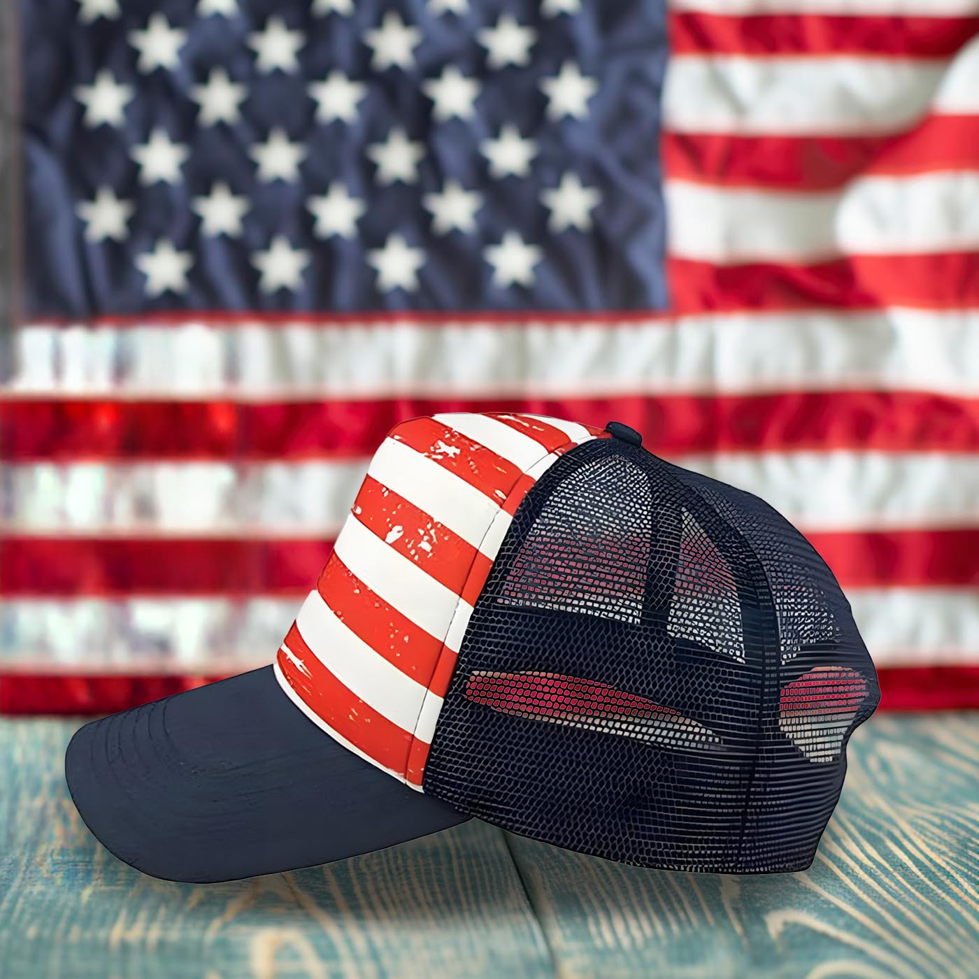 Veracco American Stars and Stripes Flag Trucker Hat Patriotic Cap Mesh Back with Adjustable Snapback Red White and Navy Strap 4th of July USA