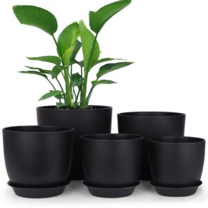 homenote plastic planter 7/6/5.5/4.8/4.5 inch flower pot indoor modern decorative plastic pots for plants with drainage hole and tray for all house plants, succulents, flowers, and cactus, black