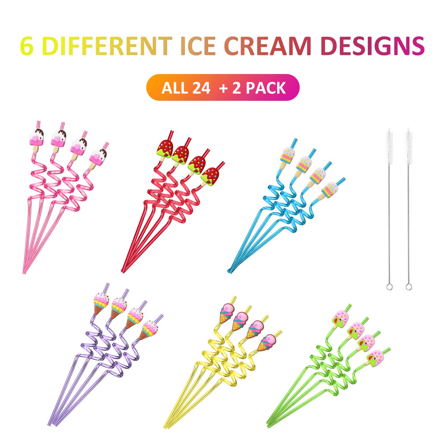 24 Reusable Ice Cream Straws for Birthday Party Supplies | Party Favors with 2 Cleaning Brush