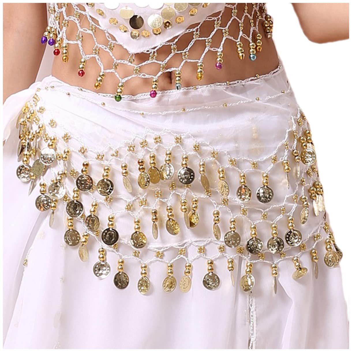 Lauthen.S 128 Coins Belly Dance Hip Scarf Tribal Belt Halloween Genie Costume Accessory White