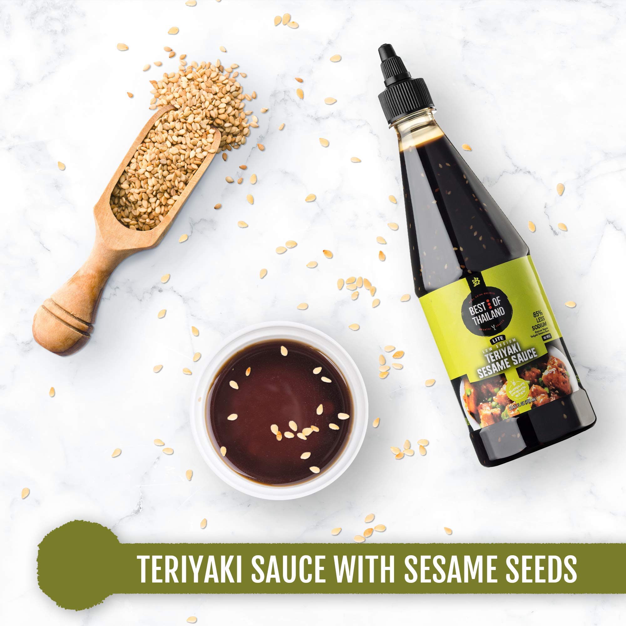 Best of Thailand Sesame Teriyaki Soy Sauce Lite | 2 Bottles of 23.63oz Low-Sodium Authentic Asian-Brewed Marinade, Glaze, Salad Dressing & Dipping Sauce, Whole Sesame Seeds | No MSG, 85% Less Sodium