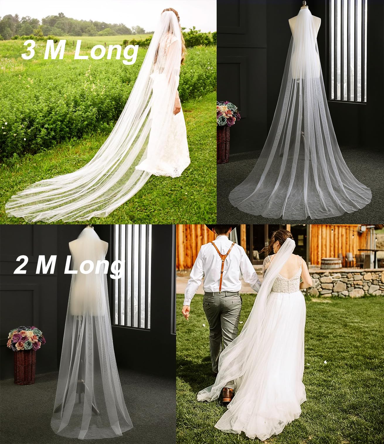 EllieHouse 1 Tier Plain Tulle Wedding Bridal Veil With Metal Comb Ivory 2M