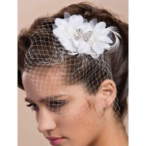 TS Blusher Veils Headwear Birdcage Veils for Brides with Floral Bridal Hair Clip for Wedding Bachelorette Party White