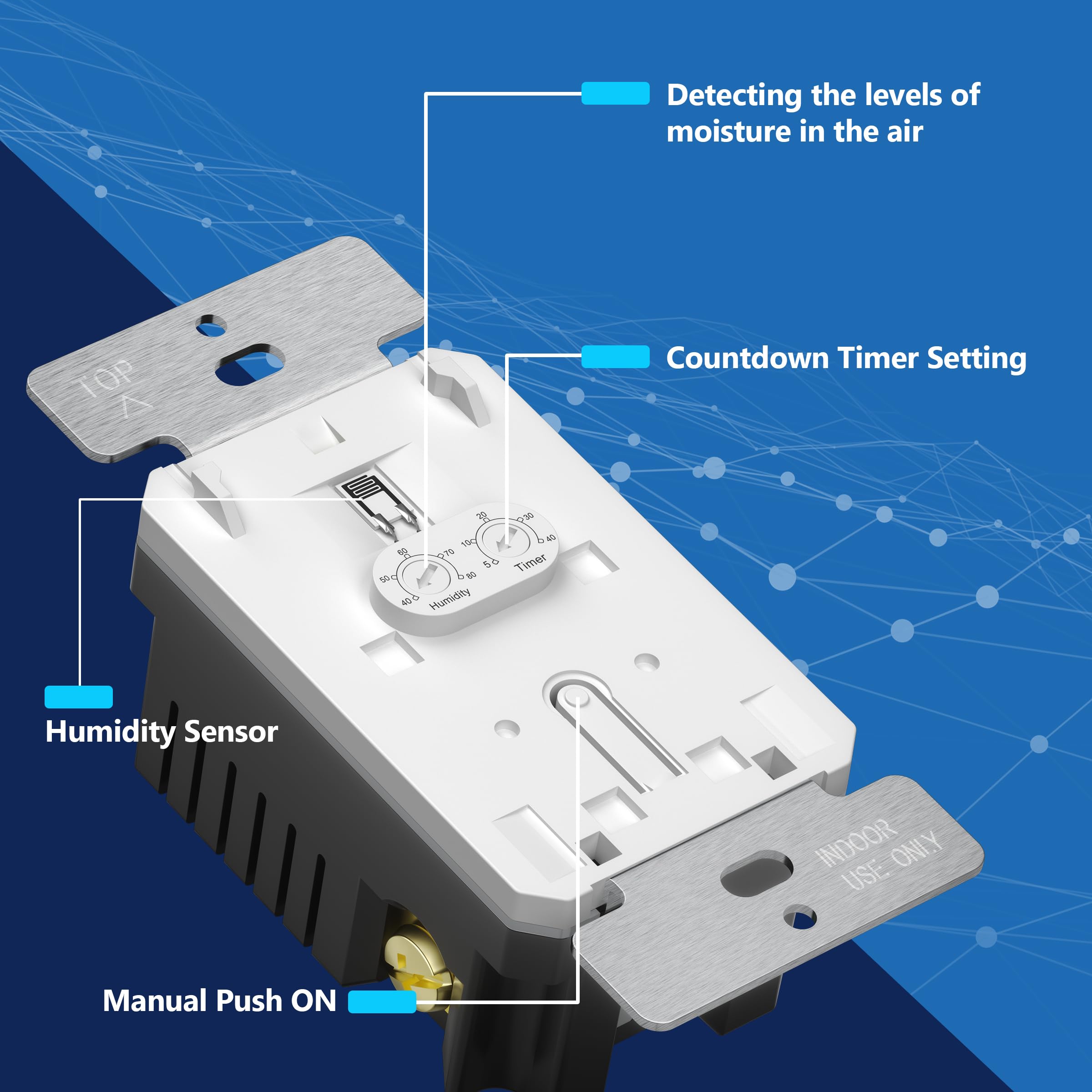 LIDER No Neutral Wire Required Humidity Sensor Switch, Automatic Humidity Detection, Air Circulator, Bathroom Fan Automated Control, Adjustable Timing, 1-Pole, White, Wall Plate Included