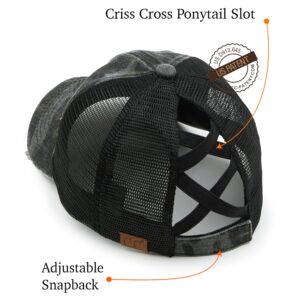 C.C Exclusives Washed Distressed Cotton Denim Criss-Cross Ponytail Hat Baseball Cap Bundle Hair Tie (BT-783) (A Elastic Band-Black/Camo)