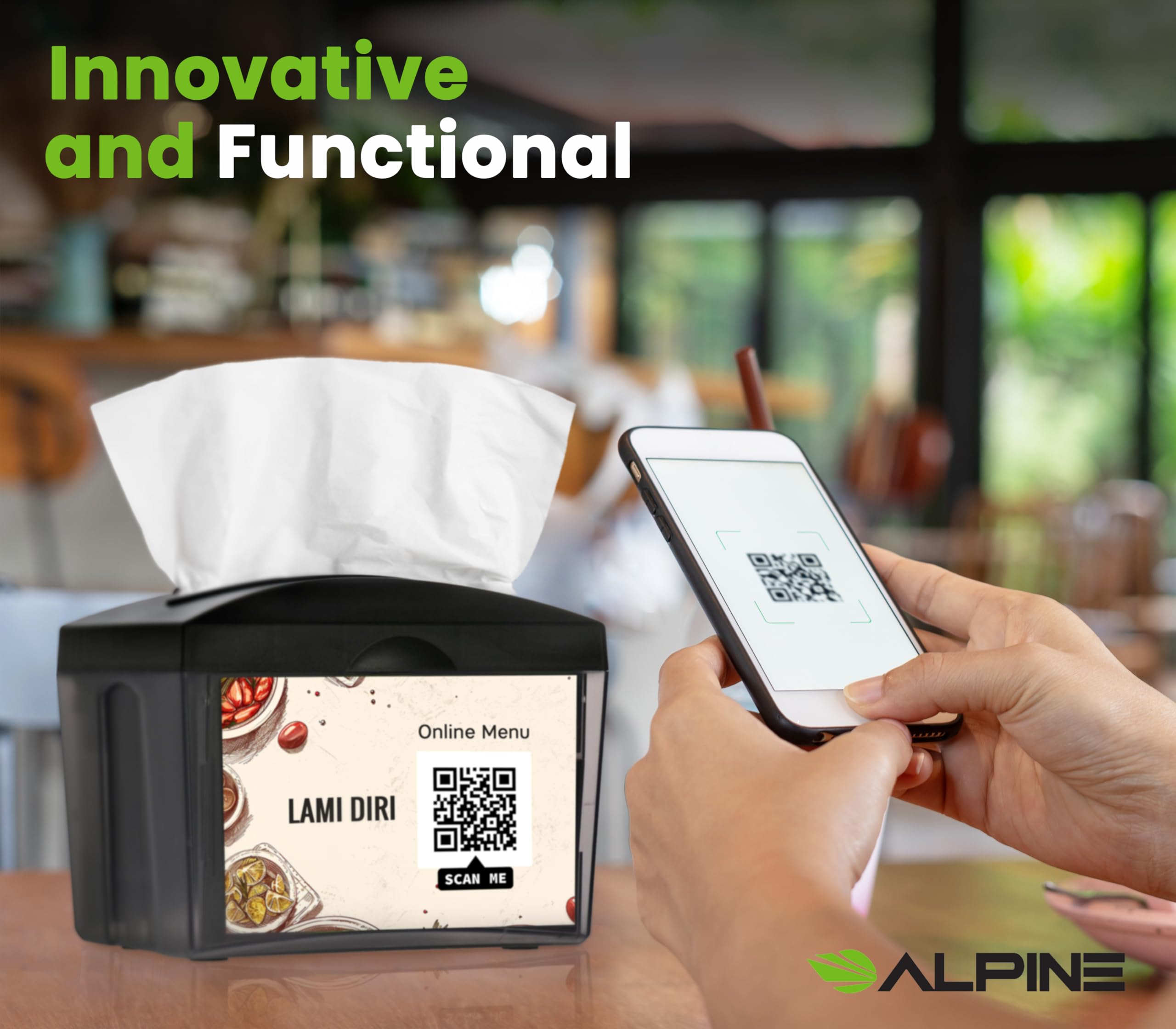 Alpine Tabletop Commercial Napkin Dispenser Restaurant Napkin Holder for Easy Access to Interfold Napkins from Both Sides with an Insert Marketing Space for Restaurants, Cafeterias, Food Trucks, Club