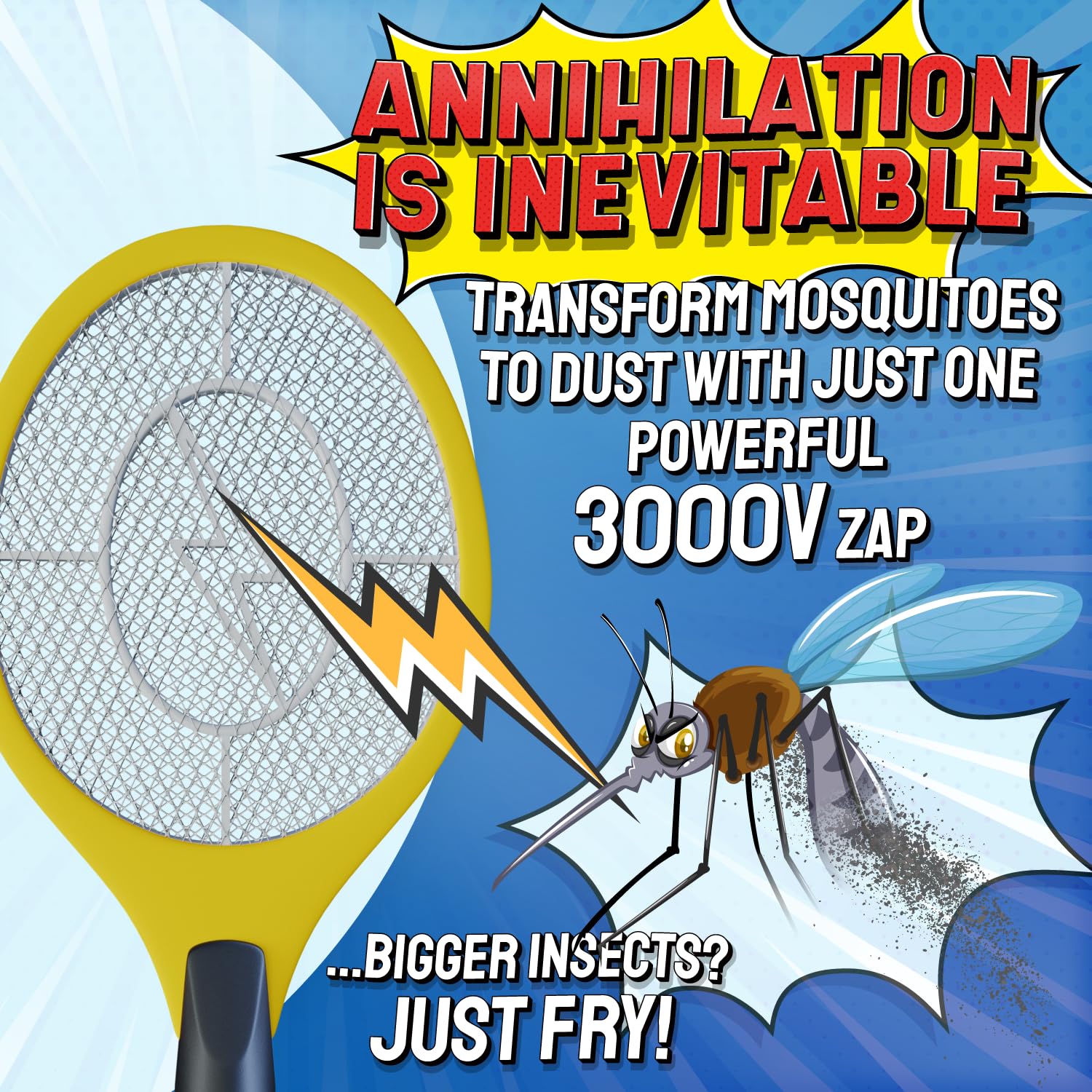 ASISNAI Bug Zapper 18" Electric Fly & Mosquito Swatter Racket - Outdoor/Indoor Killer for Flies, Battery-Operated Tennis Killing Zap, 3000 Volts Electronic Catcher, 2 AA Batteries Included - Yellow