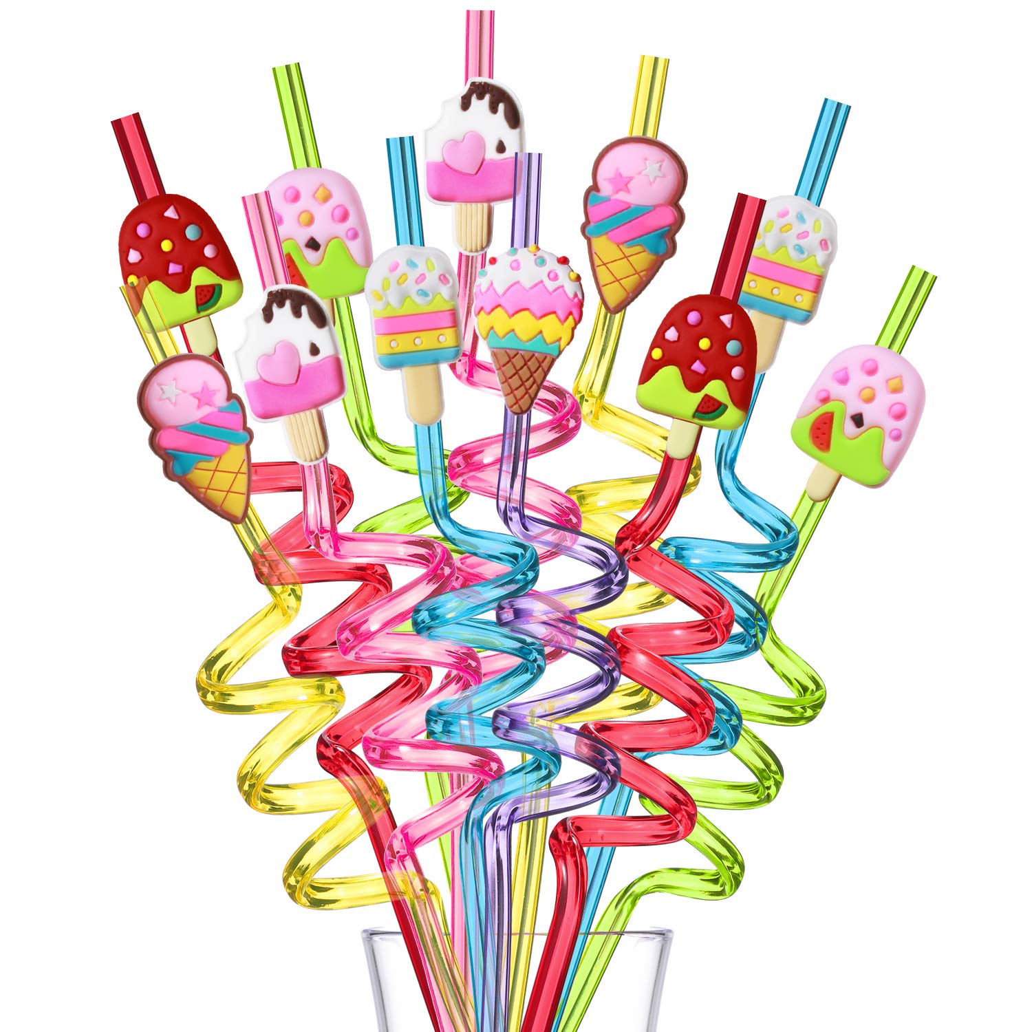 24 Reusable Ice Cream Straws for Birthday Party Supplies | Party Favors with 2 Cleaning Brush