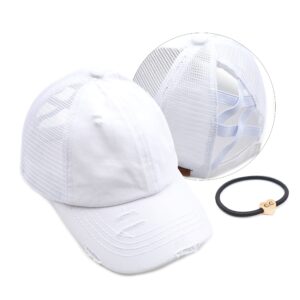 c.c exclusives washed distressed cotton denim criss-cross ponytail hat baseball cap bundle hair tie (bt-780)(bt-791) (a elastic band-white)