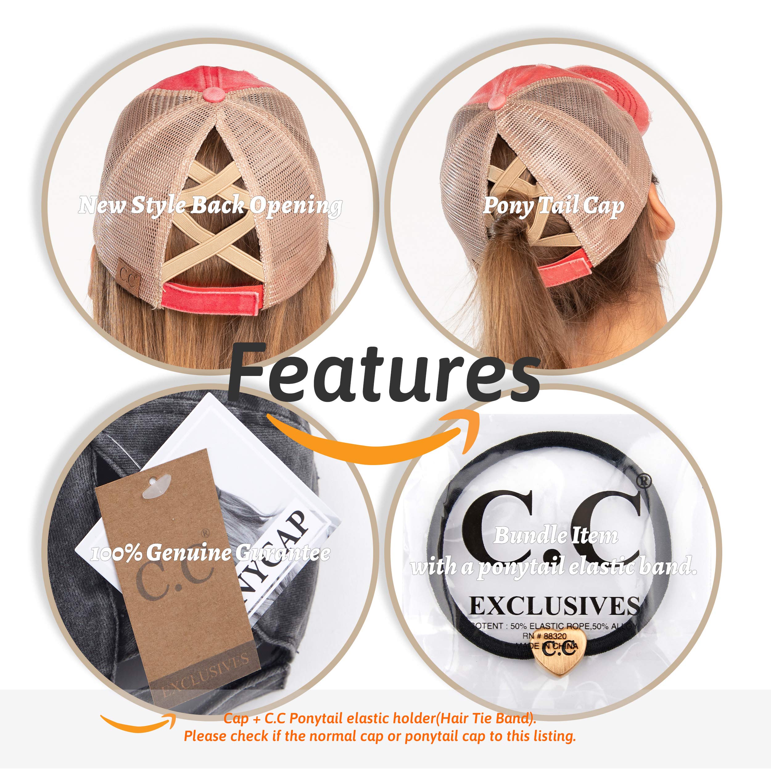 C.C Exclusives Washed Distressed Cotton Denim Criss-Cross Ponytail Hat Baseball Cap Bundle Hair Tie (BT-780)(BT-791) (A Elastic Band-Charcoal)