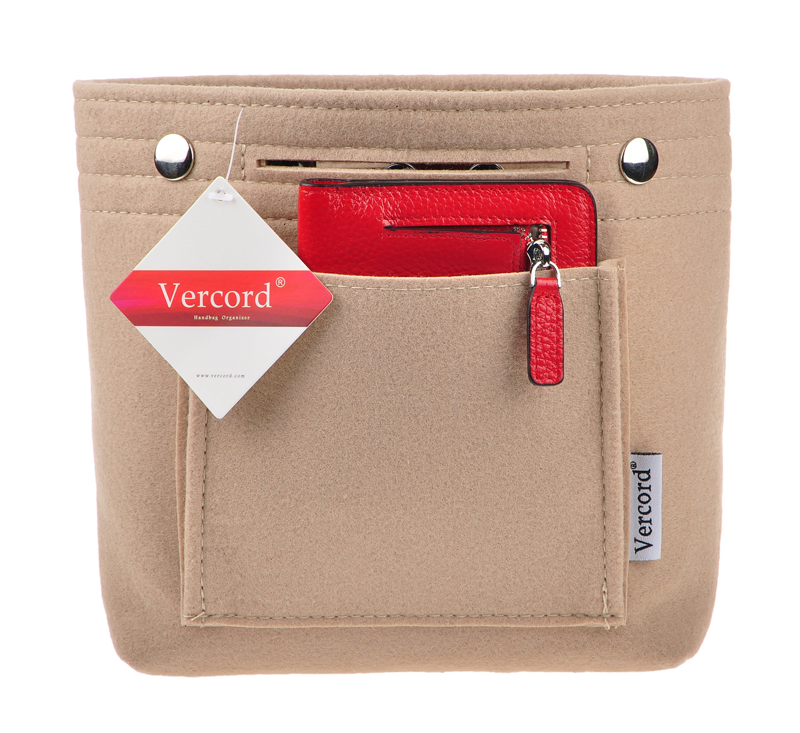 Vercord Mini Slim Small Felt Purse Organizer Insert Inside Handbag Tote Pocketbook for Women Beige