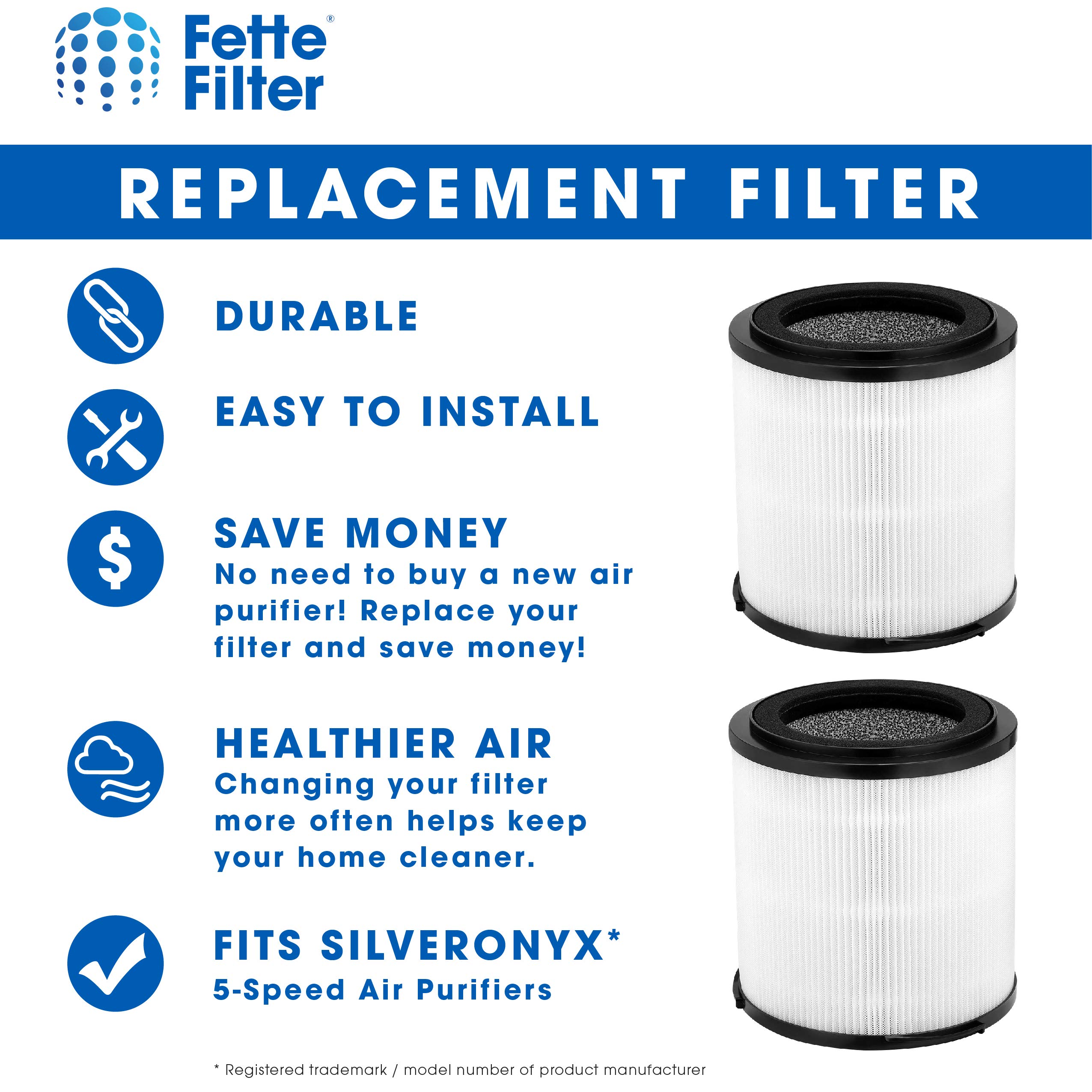 Fette Filter - H13 True HEPA Replacement Filter, Compatible with SilverOnyx 5-Speed Air Purifier KJ150F-C02, 4-in-1 H13 Grade True HEPA filter, For Large Room 500 sq ft, 2-Pack