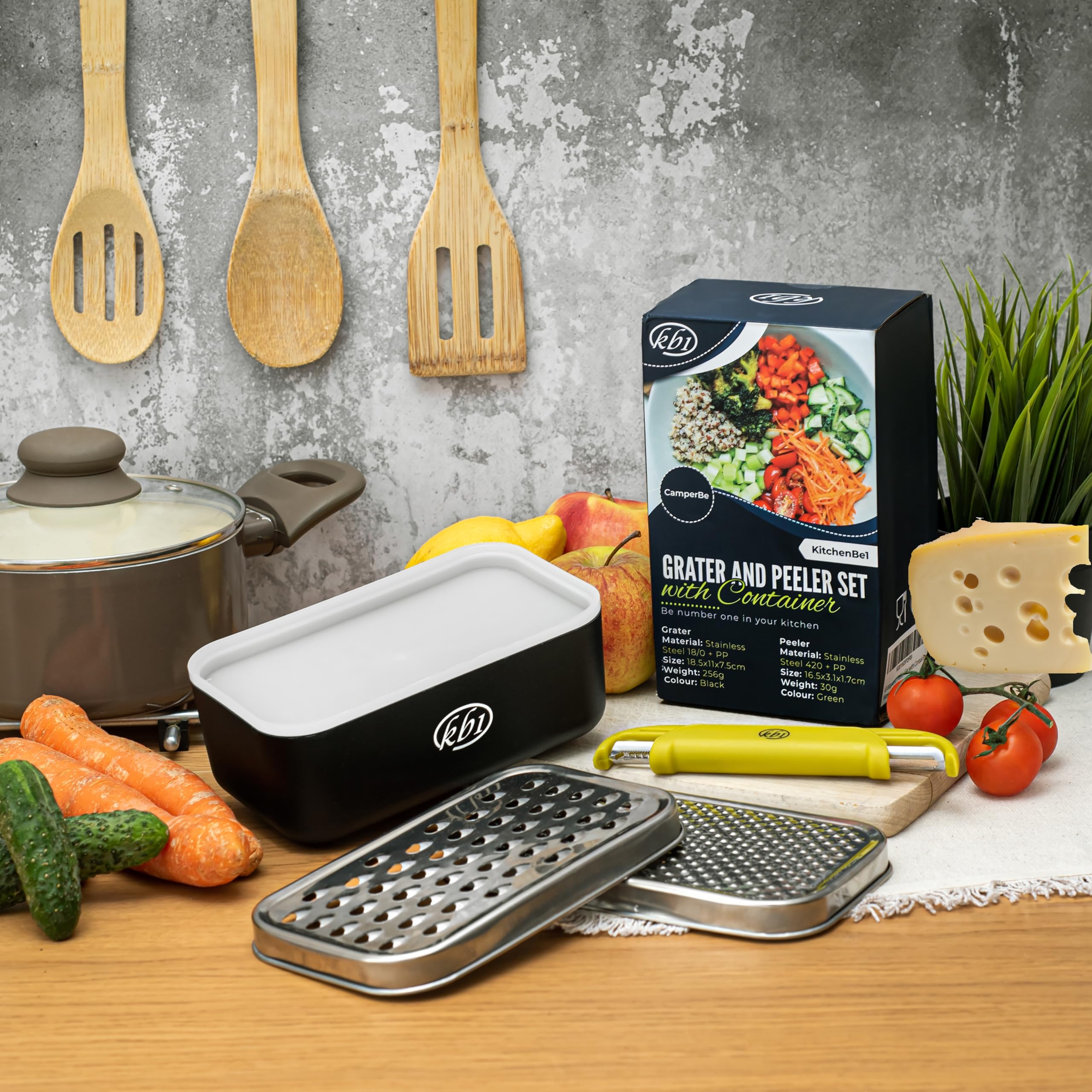 Cheese Grater with Container and Lid & Peeler Set - Vegetable Fruit Multi-Function Stainless Steel Kitchen Utensil Kit with Black Food Plastic Storage Stable Box - Hand Chopper Graters & Peelers