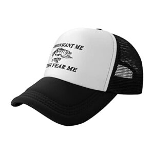 Women Want Me Fish Fear Me Trucker Hat Summer Mesh Cap Trucker Baseball Cap for Men Women Black