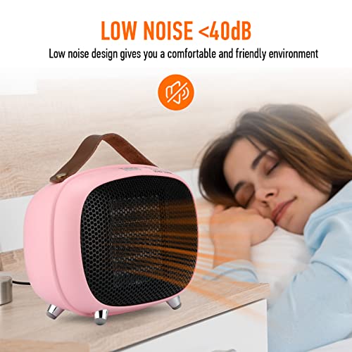 Teioe Mini Electric Ceramic Space Heater 800W/400W, Small, PTC with Tip-Over and Overheat Protection, 3 Operating Modes for Office, Bedroom and Under Desk (PINK)