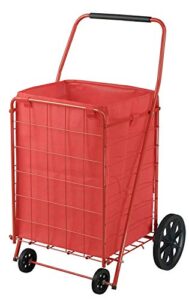 juggernaut carts folding shopping cart, 110 lbs capacity, red powder coated steel, rubber caster wheels, handle, folds for storage