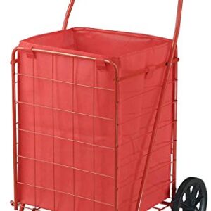 Juggernaut Carts Folding Shopping Cart, 110 lbs Capacity, Red Powder Coated Steel, Rubber Caster Wheels, Handle, Folds for Storage