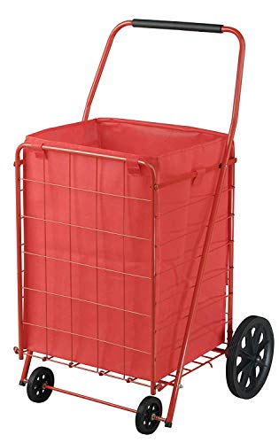 Juggernaut Carts Folding Shopping Cart, 110 lbs Capacity, Red Powder Coated Steel, Rubber Caster Wheels, Handle, Folds for Storage