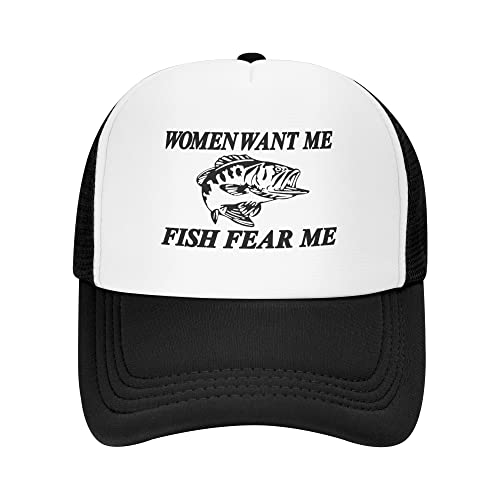 Women Want Me Fish Fear Me Trucker Hat Summer Mesh Cap Trucker Baseball Cap for Men Women Black