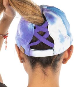 funky junque criss cross hat womens baseball cap distressed ponytail messy bun trucker ponycap (1 tie dye - purple mix)