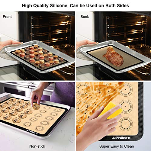 PHILORN Silicone Baking Mat Set, 16.5" x 11.42" Macaron Baking Mat, Non-Stick Baking Mat with Baking Tools, 2 Pack Food Safe Baking Silicone Mat, Reusable Baking Mat for Oven, Cookie, Bread