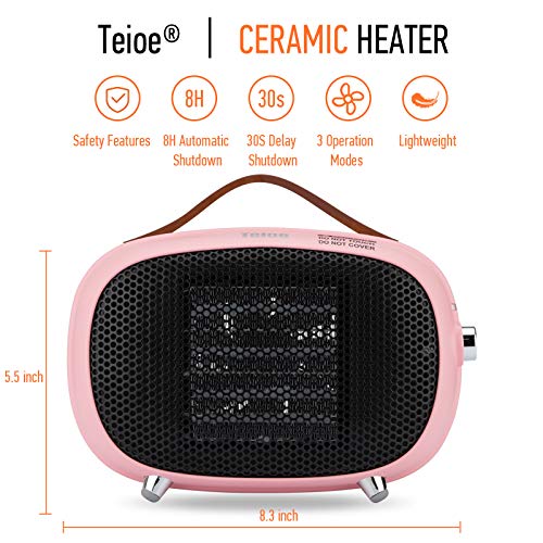 Teioe Mini Electric Ceramic Space Heater 800W/400W, Small, PTC with Tip-Over and Overheat Protection, 3 Operating Modes for Office, Bedroom and Under Desk (PINK)