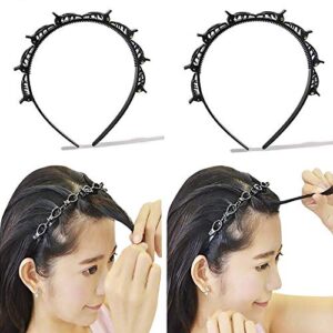 women's fashion headbands with clips - thin plastic braided twist plait hairpin for work out, double layer hair tools for girls, black