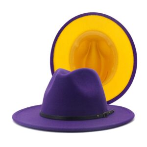 gossifan womens wide brim panama hat patchwork colors classic buckle fedora purple/yellow