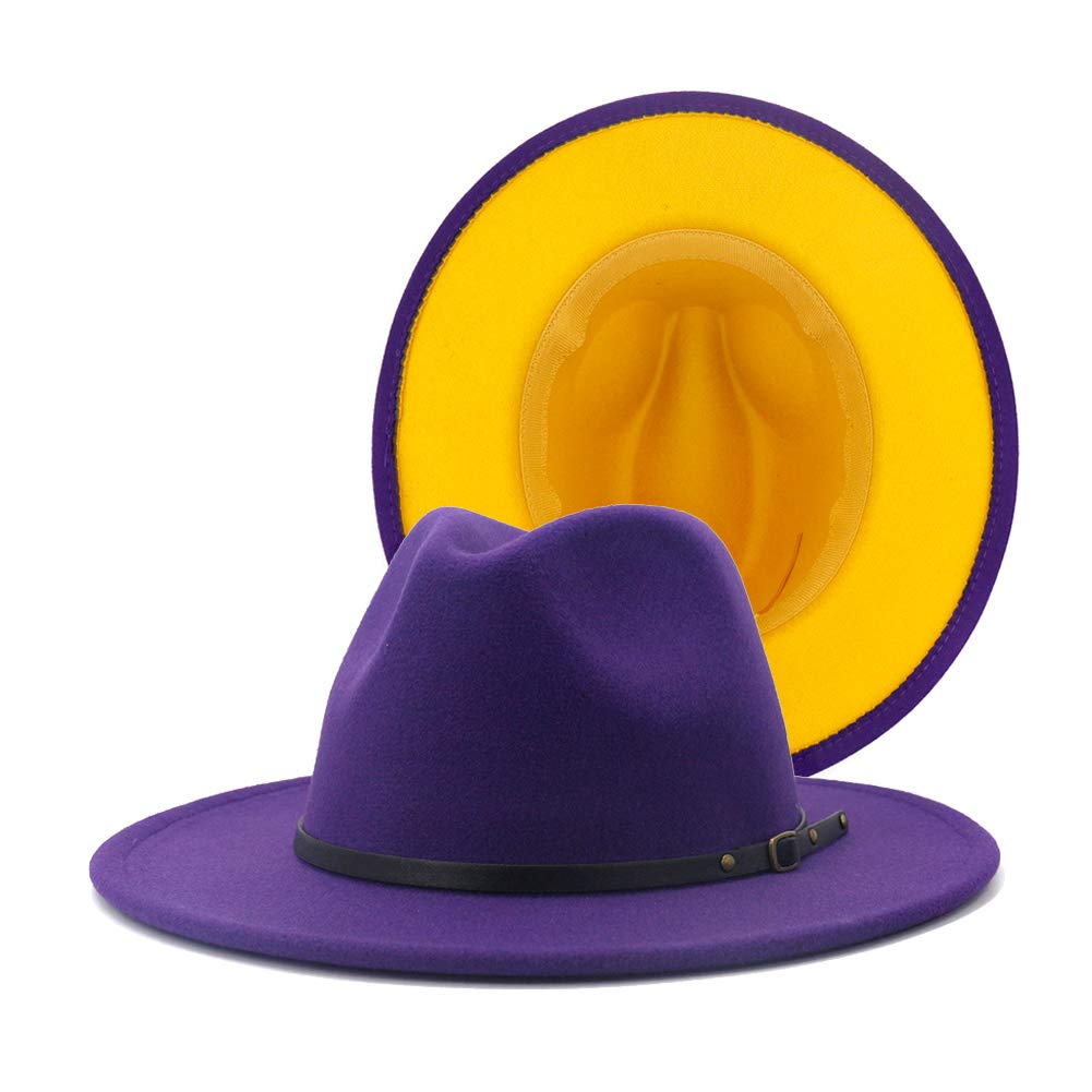 Gossifan Womens Wide Brim Panama Hat Patchwork Colors Classic Buckle Fedora Purple/Yellow