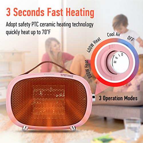 Teioe Mini Electric Ceramic Space Heater 800W/400W, Small, PTC with Tip-Over and Overheat Protection, 3 Operating Modes for Office, Bedroom and Under Desk (PINK)