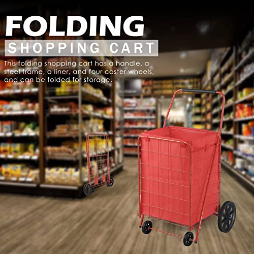 Juggernaut Carts Folding Shopping Cart, 110 lbs Capacity, Red Powder Coated Steel, Rubber Caster Wheels, Handle, Folds for Storage