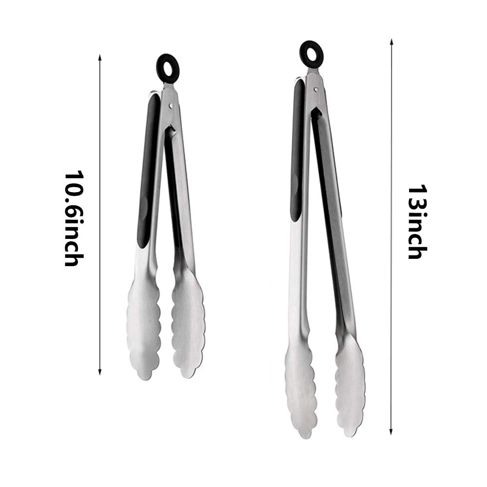 ALLTOP Metal Cooking Tongs,Stainless Steel Food Tong with No-slip Silicon and Locking Ring for Kitchen - 9 &12 inch,Set of 2-Black