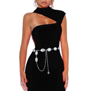 YooAi Chain Belt for Women Metal Waist Round Crystal Body Chain for Dress Silver 105cm