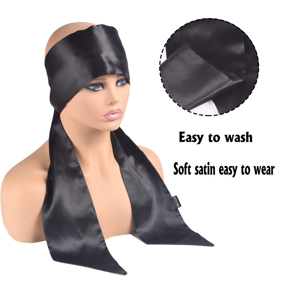 Bevisun 2Pcs Satin Edge Laying Scarf Scarves for Women's Hair Laying Scarf for Lace Front Wig, Non Slip Hair Wrap Wigs Grip Band for Yoga, Makeup, Facial, Sport (BLACK#2PCS)