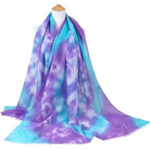 GERINLY Lavender Color Tie Dye Scarf Aesthetic Active Neck Wrap Fashion Shoulder Shawl Natural Hijabs for Vacation (Purple Turquoise)