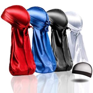 4pcs silky satin durags for men women waves, with 1 wave cap, extra long tails (red, blue, black, white)