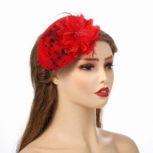 Vintage Fascinators Hats 50s Flower Feather Dress Hat Tea Party Cocktail Veil Pillbox Headwear with Clips for Women (Red)