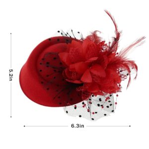 Vintage Fascinators Hats 50s Flower Feather Dress Hat Tea Party Cocktail Veil Pillbox Headwear with Clips for Women (Red)