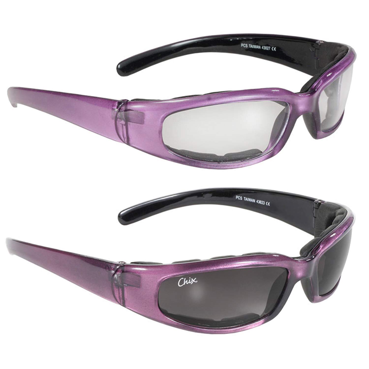 Chix 2 Pairs of Rally Women's Padded Motorcycle Sunglasses Purple Frames Clear & Grey Gradient Lenses