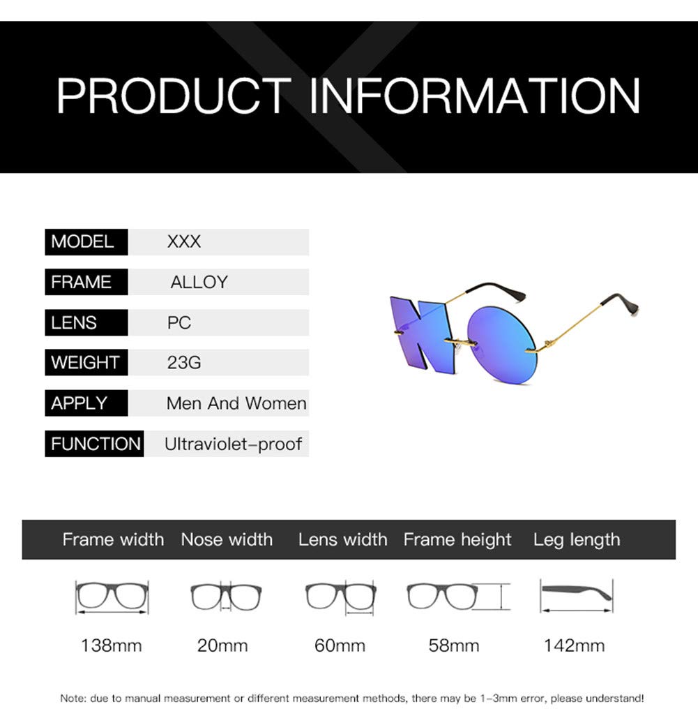 ENTHYI Letter NO Party Rimless Irregular Design Sunglasses For Men/Women UV400 Streetwear Eyewears (black)