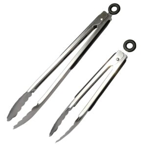 ALLTOP Metal Cooking Tongs,Stainless Steel Food Tong with No-slip Silicon and Locking Ring for Kitchen - 9 &12 inch,Set of 2-Black