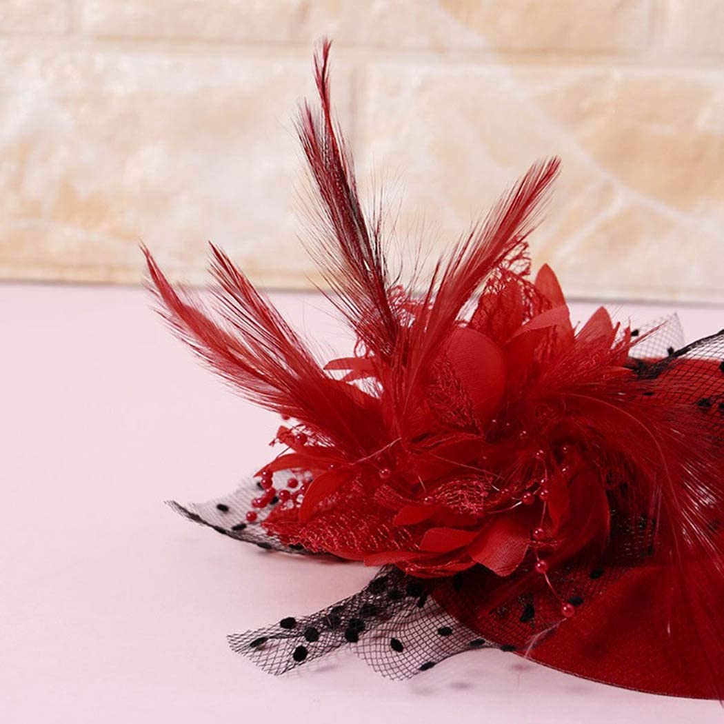 Vintage Fascinators Hats 50s Flower Feather Dress Hat Tea Party Cocktail Veil Pillbox Headwear with Clips for Women (Red)