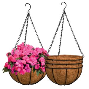 ZeeDix 3pack 12inch Metal Hanging Basket with Coconut Coir Liner- Coconut Coir Liner with Black Chain for Porch Pots Hanger, Indoor Outdoor Plant Flower Pot, Garden Decorations (12in)