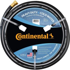 continental premium garden black heavy duty cold water garden hose, 5/8in inside diameter x 100ft length, male x female garden hose thread