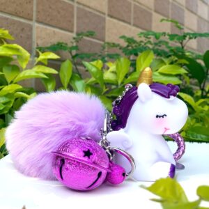 Tonsamvo Cute Pom Pom Keychian with Fur Ball Small Bell Keyring for Women Bag Purse Car Decoration (Purple-M-Bells)