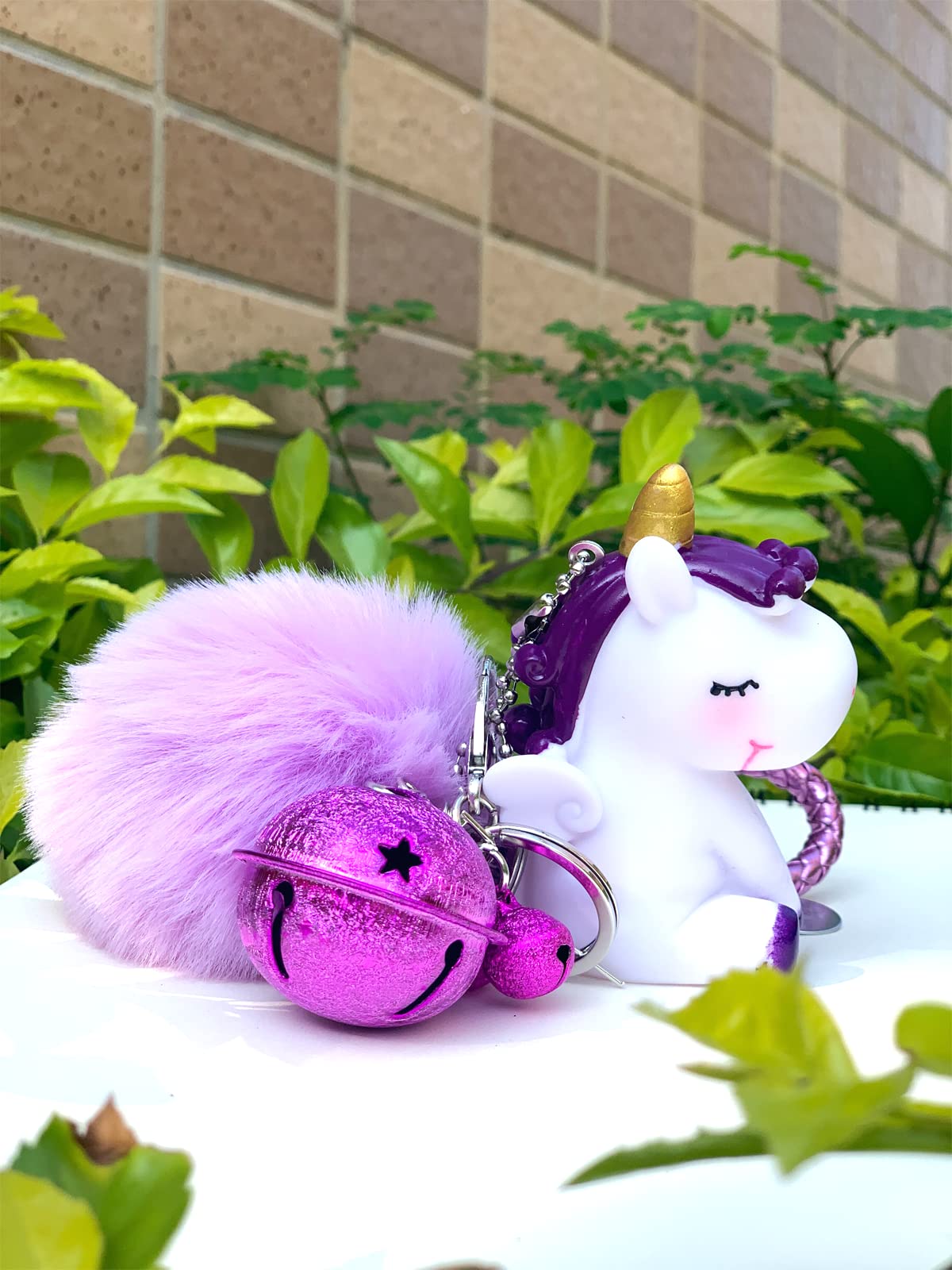 Tonsamvo Cute Pom Pom Keychian with Fur Ball Small Bell Keyring for Women Bag Purse Car Decoration (Purple-M-Bells)